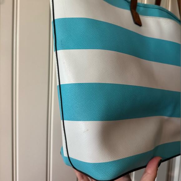 MICHAEL KORS 🩵 Blue & White Striped Shoulder Canvas Tote, Gold Logo - Picture 9 of 15
